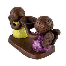 Load image into Gallery viewer, Ceramic Tealight Candleholder with Two Little Angels - Angel Duo | NOVICA
