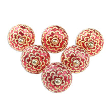 Load image into Gallery viewer, Set of 6 Red Bead and Brass Plated Mango Wood Knobs - Golden Arcs | NOVICA
