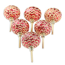 Load image into Gallery viewer, Set of 6 Red Bead and Brass Plated Mango Wood Knobs - Golden Arcs | NOVICA
