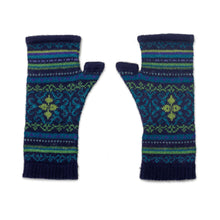 Load image into Gallery viewer, Blue and Green 100% Alpaca Fingerless Mitts from Peru - Blue Turquoise | NOVICA
