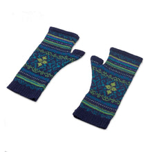 Load image into Gallery viewer, Blue and Green 100% Alpaca Fingerless Mitts from Peru - Blue Turquoise | NOVICA
