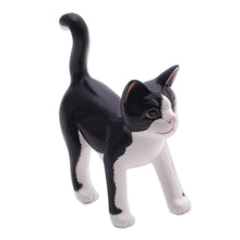 Load image into Gallery viewer, Balinese Signed Hand-Carved Tuxedo Cat Sculpture - Curious Tuxedo Cat | NOVICA
