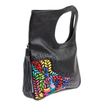 Load image into Gallery viewer, Embroidered Hummingbird Black Leather Handle Handbag - Hummingbird Garden | NOVICA

