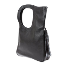 Load image into Gallery viewer, Embroidered Hummingbird Black Leather Handle Handbag - Hummingbird Garden | NOVICA
