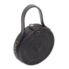 Load image into Gallery viewer, Black Round Woven Bamboo Shoulder Bag or Handbag - Pitch Black | NOVICA
