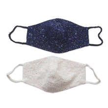 Load image into Gallery viewer, 2 Hand Beaded Cotton Contoured Face Masks in White and Blue - Glamour and Sparkle | NOVICA
