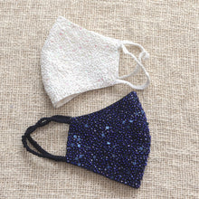 Load image into Gallery viewer, 2 Hand Beaded Cotton Contoured Face Masks in White and Blue - Glamour and Sparkle | NOVICA
