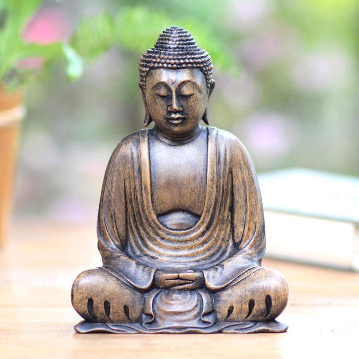 Balinese Wood Buddha in Meditation Sculpture - Buddha Dhyana Mudra | NOVICA