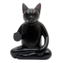 Load image into Gallery viewer, Wood Statuette of Black Cat Meditating - Black Cat Meditates | NOVICA

