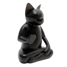 Load image into Gallery viewer, Wood Statuette of Black Cat Meditating - Black Cat Meditates | NOVICA
