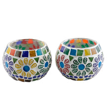 Load image into Gallery viewer, Pair of Colorful Round Mosaic Tealight Candleholders - Floral Illumination | NOVICA
