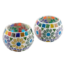 Load image into Gallery viewer, Pair of Colorful Round Mosaic Tealight Candleholders - Floral Illumination | NOVICA
