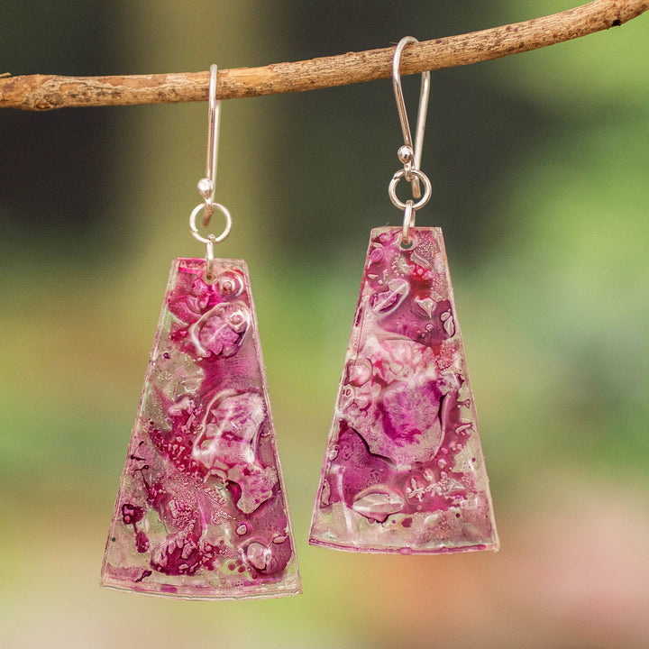 Recycled CD Dangle Earrings in Pink and Purple - Orchid Polygons | NOVICA