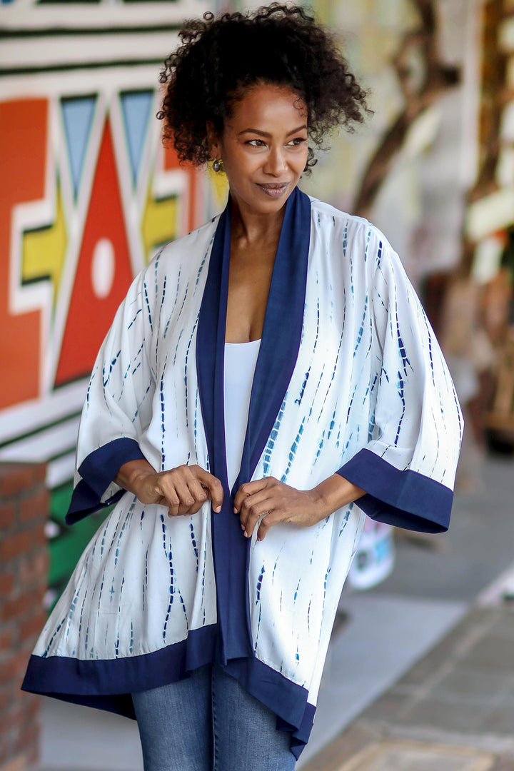 White and Indigo Blue Rayon Kimono from Bali - Tropical Rain | NOVICA