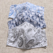 Load image into Gallery viewer, 3 Contoured Blue &amp; Grey Print Double Cotton Masks - Pretty Prints and Paisley | NOVICA
