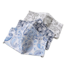 Load image into Gallery viewer, 3 Contoured Blue &amp; Grey Print Double Cotton Masks - Pretty Prints and Paisley | NOVICA
