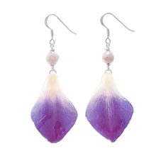 Load image into Gallery viewer, Purple and White Real Flower Petal Dangle Earrings - Forever Orchid in Purple | NOVICA
