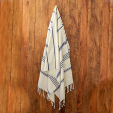 Load image into Gallery viewer, Cotton Beach Towel with Indigo Stripes - Sweet Relaxation in Warm White | NOVICA
