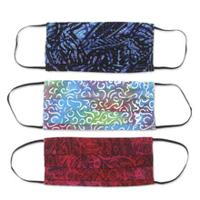 Load image into Gallery viewer, 3 Balinese Pleated 2-Layer Rayon Batik Elastic Loop Masks - Joyous Song | NOVICA
