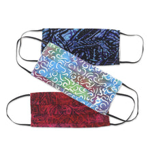 Load image into Gallery viewer, 3 Balinese Pleated 2-Layer Rayon Batik Elastic Loop Masks - Joyous Song | NOVICA
