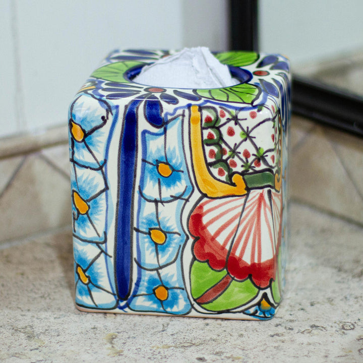Hand Painted Talavera Style Tissue Box Cover - Talavera Bouquet | NOVICA