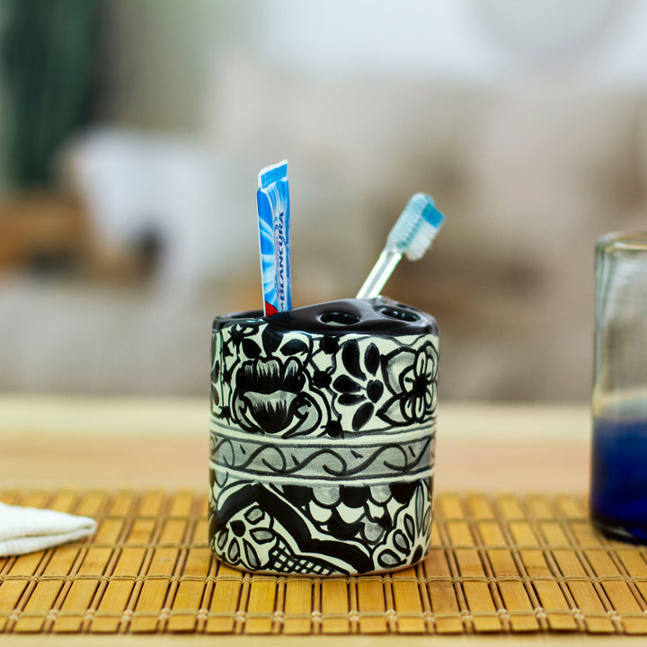 Black and White Hand Painted Ceramic Toothbrush Holder - Monochrome Flowers | NOVICA