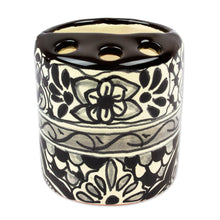 Load image into Gallery viewer, Black and White Hand Painted Ceramic Toothbrush Holder - Monochrome Flowers | NOVICA
