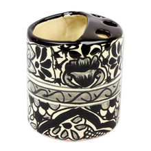 Load image into Gallery viewer, Black and White Hand Painted Ceramic Toothbrush Holder - Monochrome Flowers | NOVICA
