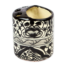 Load image into Gallery viewer, Black and White Hand Painted Ceramic Toothbrush Holder - Monochrome Flowers | NOVICA
