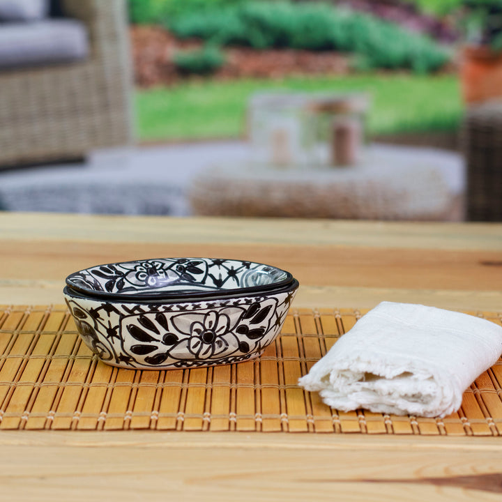 Black and White Ceramic Soap Dish from Mexico - Monochrome Flowers | NOVICA