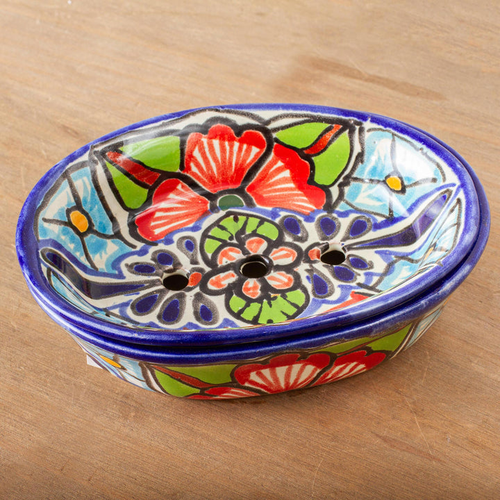 Handmade Talavera Style Ceramic Soap Dish - Talavera Bouquet | NOVICA