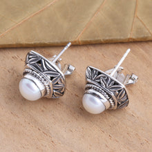 Load image into Gallery viewer, Cultured Pearl and Sterling Silver Button Earrings - Leaves of Bamboo in White | NOVICA
