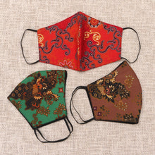 Load image into Gallery viewer, 1 Red-1 Green-1 Sepia-2-Layer Contoured Cotton Masks - Bright Beauty | NOVICA
