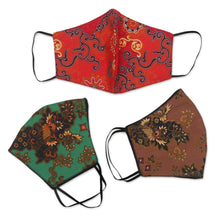 Load image into Gallery viewer, 1 Red-1 Green-1 Sepia-2-Layer Contoured Cotton Masks - Bright Beauty | NOVICA
