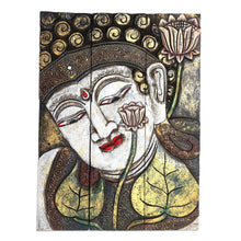 Load image into Gallery viewer, Three Panel Wood Wall Panel Buddha with Lotus in White - Buddha with Lotus in White | NOVICA
