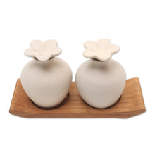 Load image into Gallery viewer, Hand Made Ceramic and Teak Wood Bathroom Set - Blooming Frangipani | NOVICA
