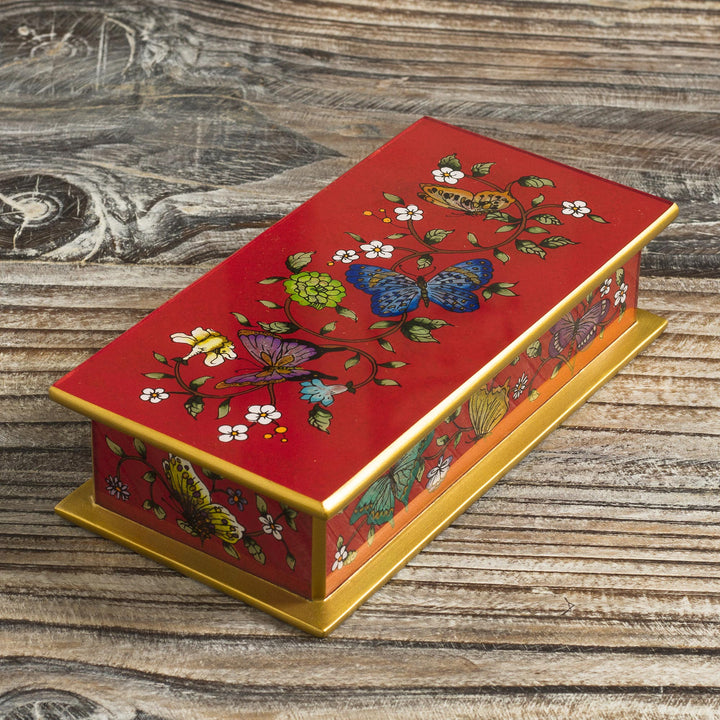 Red Butterfly-Themed Reverse-Painted Glass Box - Butterflies on Scarlet | NOVICA