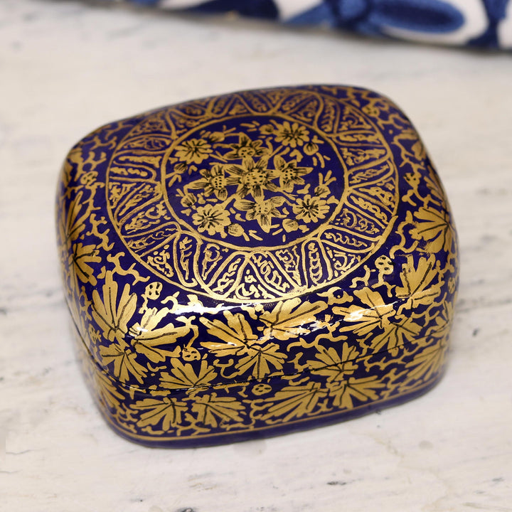 Handmade Blue Papier Mache Golden Floral Decorative Box - Blue Golden Bouquet | NOVICA