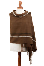 Load image into Gallery viewer, Sepia Brown Handwoven Baby Alpaca Shawl with Black and White - Sepia Roads | NOVICA
