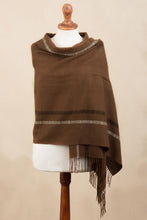 Load image into Gallery viewer, Sepia Brown Handwoven Baby Alpaca Shawl with Black and White - Sepia Roads | NOVICA
