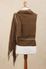 Load image into Gallery viewer, Sepia Brown Handwoven Baby Alpaca Shawl with Black and White - Sepia Roads | NOVICA
