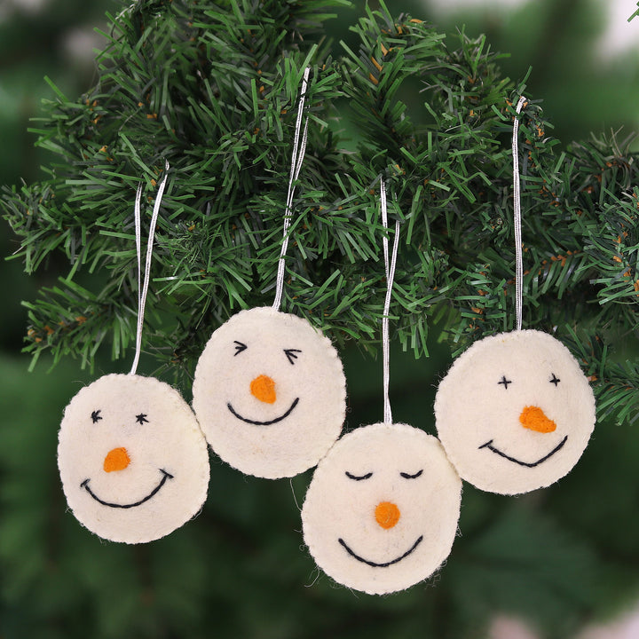 Set of 4 Smiling Snowmen Wool Felt Ornaments - Smiling Snowmen | NOVICA