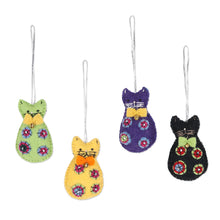 Load image into Gallery viewer, Set of 4 Colorful Cat Wool Felt Holiday Ornaments - Crafty Cats | NOVICA

