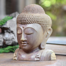 Load image into Gallery viewer, Hand Carved Hibiscus Wood Buddha Sculpture - Buddha Bust | NOVICA
