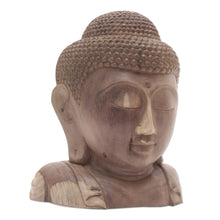 Load image into Gallery viewer, Hand Carved Hibiscus Wood Buddha Sculpture - Buddha Bust | NOVICA
