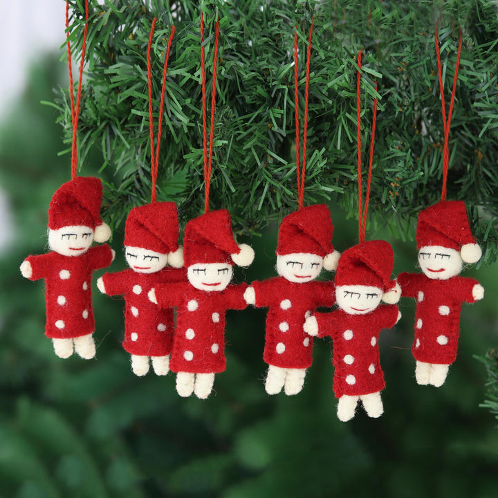 Set of 6 Sleeping Elf Wool Felt Ornaments - Sleepy Babies | NOVICA