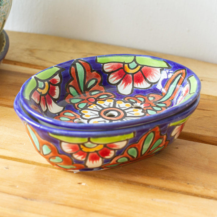 Hand Crafted Talavera-Style Soap Dish - Blue Bouquet | NOVICA
