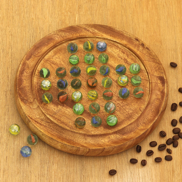 Hand Carved Mango Wood Solitaire Marble Board Game - Game of Patience | NOVICA