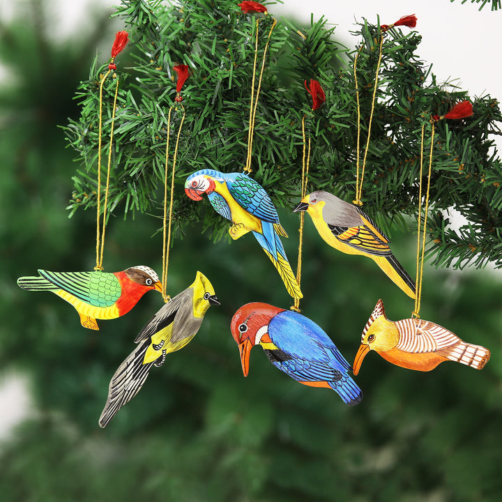 Hand-Painted Assorted Bird Ornaments (Set of 6) - Festive Birds | NOVICA