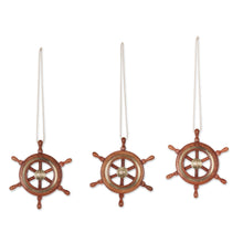 Load image into Gallery viewer, Set of 3 Wood Ship's Wheel Ornaments - Ahoy | NOVICA
